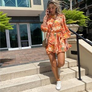 Floral Orange Tie-Waist Mini Dress | Sizes M & L
